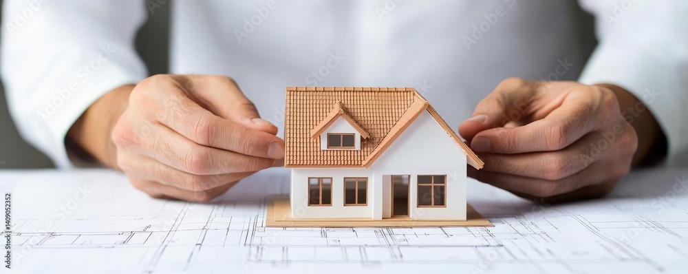 Poster building house on blueprint with vignetting and construction concept. hands carefully adjusting a mi