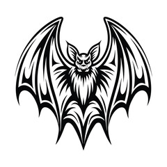 Black Silhouette Bat Design With Extended Wings on White Background, Halloween Theme