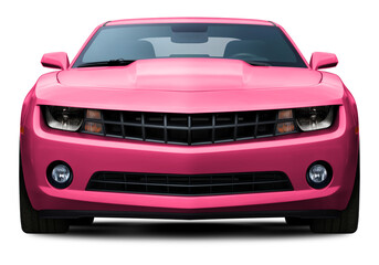 Powerful American muscle car in full pink color front view. Isolated on a transparent background.