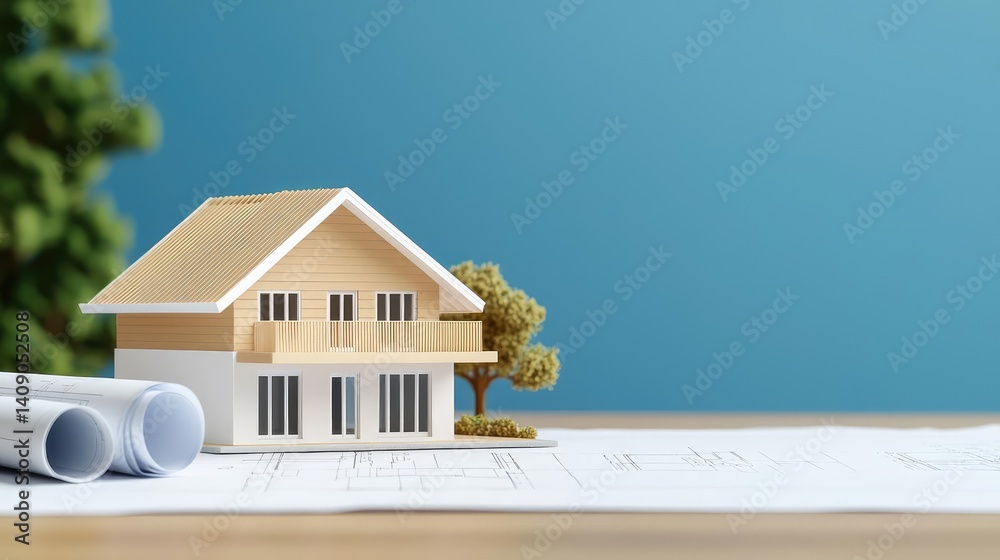 Poster building house on blueprint under plan and architecture concept. a miniature house model on blueprin