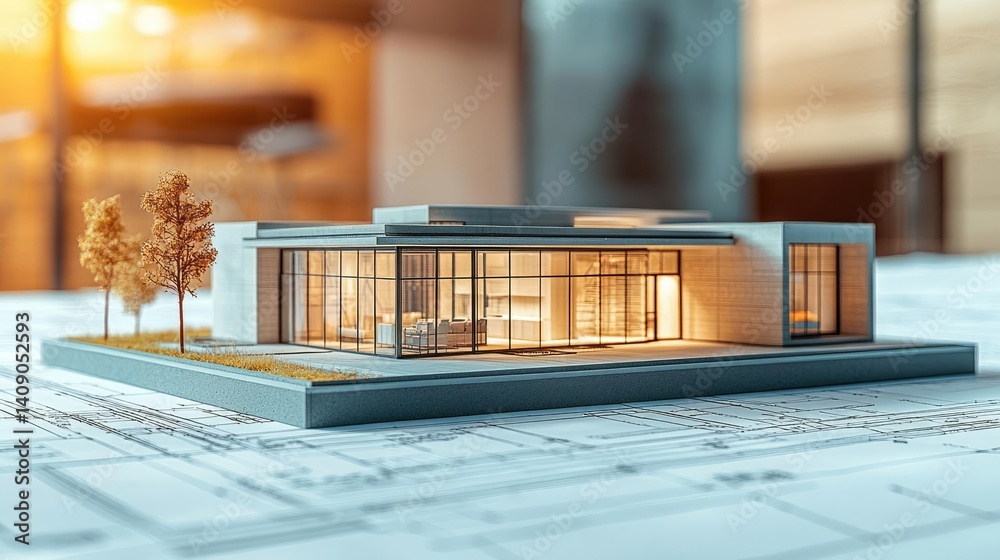 Aufkleber Building house on blueprint under plan and architecture concept. A modern architectural model showcasing innovative design elements.