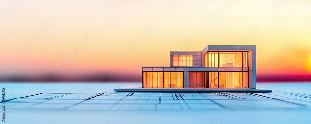 Poster Building house on blueprint with vignetting and construction concept. Modern architectural design showcasing minimalist glass structure.