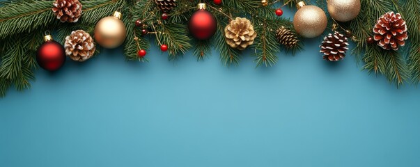 Festive Christmas ornaments create a border on a background of blue