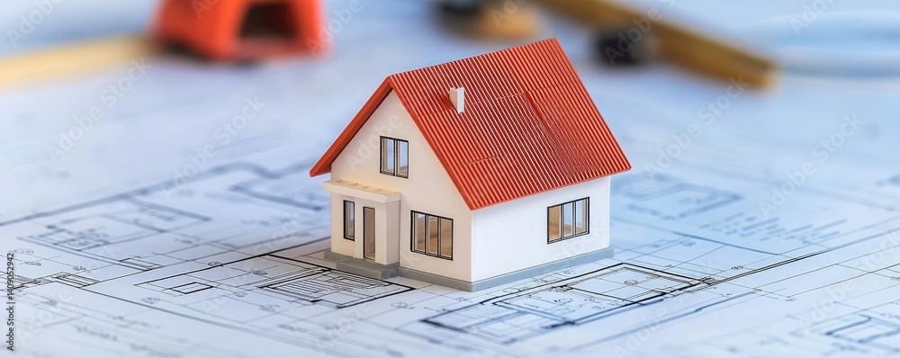 Aufkleber Building house on blueprint with a focus on architecture and vignetting concept. Miniature house model on architectural blueprint and tools.