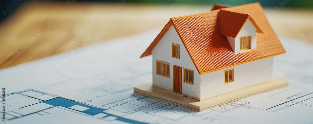 Poster Building house on blueprint with vignetting and construction concept. A model house with plans for construction on a wooden table.