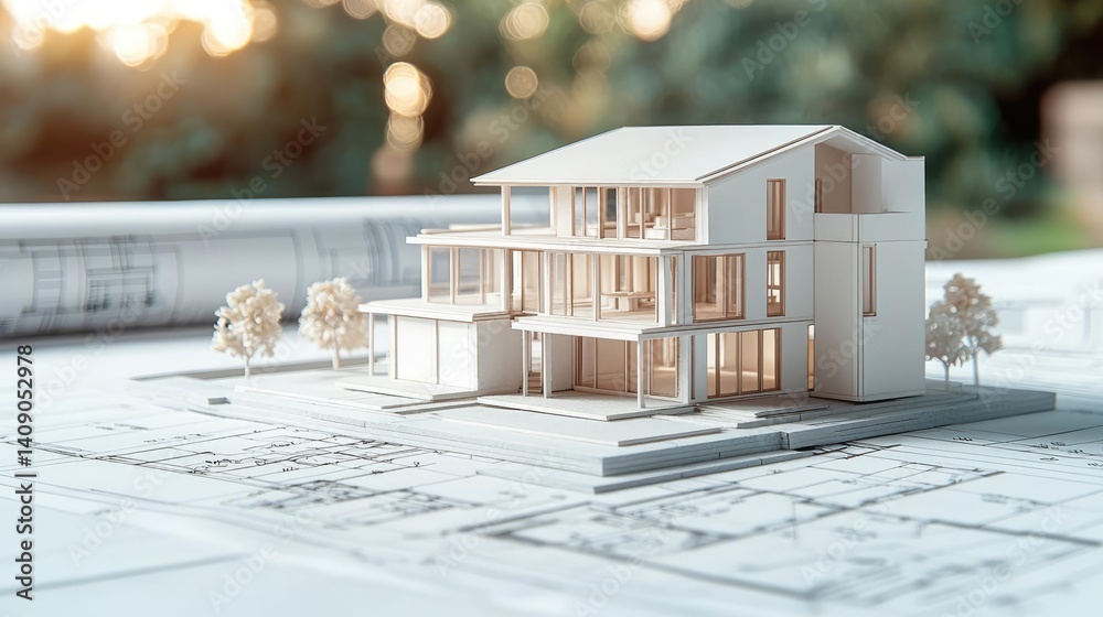 Poster building house on blueprint under plan and architecture concept. a detailed architectural model of a