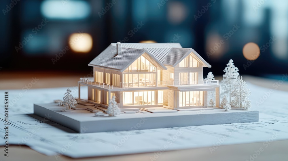 Poster Building house on blueprint with vignetting and construction concept. A detailed architectural model of a modern house on a blueprint.