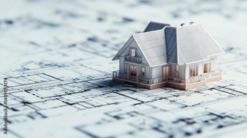 Poster Building house on blueprint with a focus on architecture and vignetting concept. A detailed model house on top of architectural blueprints.