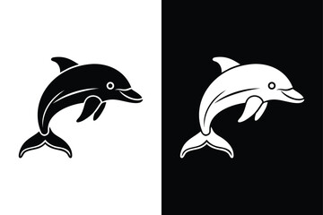 Jumping Dolphin Silhouette. Sea Animal Icon on White and Black Background