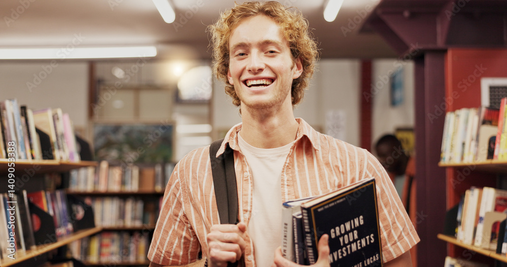Poster Portrait, man and student with book in library for learning, financial study and business course. Person, finance textbook and knowledge with investment information, education exam and growth advice