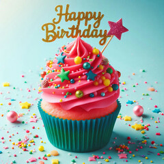 Bright Birthday Cupcake with Pink Frosting, Colorful Sprinkles, and Glittery "Happy Birthday" Topper on Blue Background

