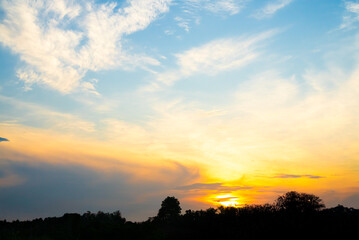 Sky sunset evening sunrise cloud weather dramatic landscape goldent and indigo color gradient pastel horizon, twilight yellow golden reflection morning nature environment energy ecosystem change.