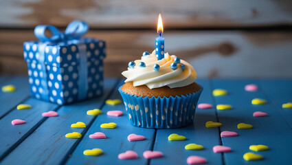Blue Birthday Cupcake with Polka Dot Candle and Gift Box on Painted Wood Table