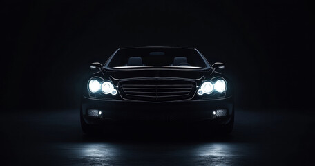 High-end luxury car with bright headlights shining in a dark studio setting, showcasing sleek silhouette and elegant design details at night Generative AI