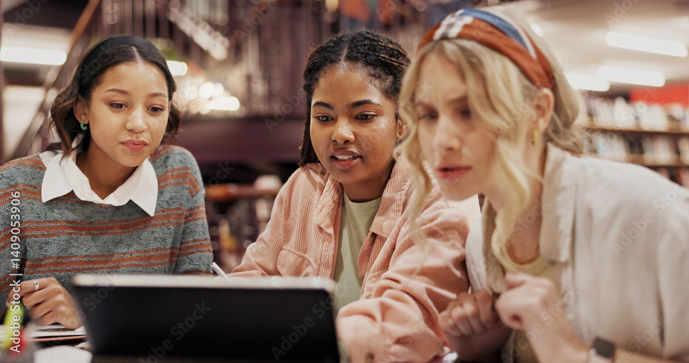 Leinwandbilder study group, tablet and reading with women in library for college assignment, research and education