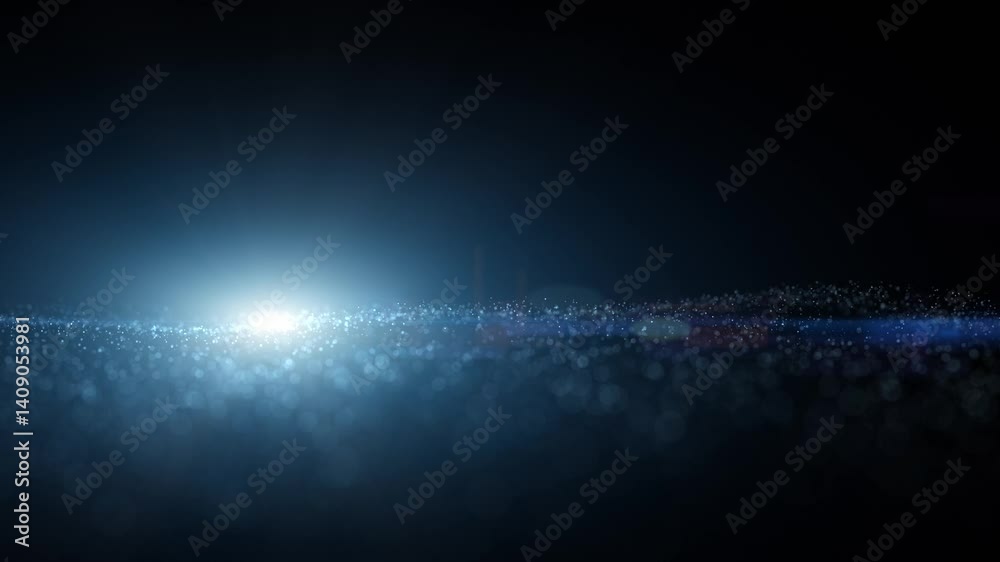 Wall mural abstract loop dotted waves travel with blue glowing spot light and lens flare animation background.
