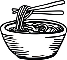 Vector noodle bowl with chopsticks illustration in black and white. Perfect for Asian food, ramen, Japanese cuisine, restaurant logo, and food-related graphic or design projects