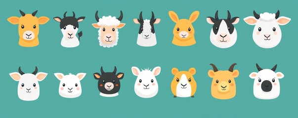 Obraz premium Farm animals with cute faces depicted in pixel art on a teal-colored background
