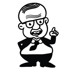 Cartoon vector of a bald boss character pointing finger up. Black and white hand-drawn style perfect for office humor, presentation, or leadership-themed design and business concept