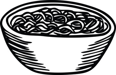 Black and white vector illustration of a bowl of Asian noodles. Hand-drawn sketch style perfect for food design, restaurant branding, clipart, menu graphics, or culinary decoration