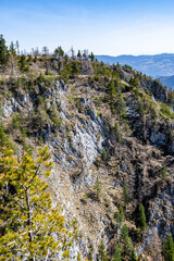 Scenic view of a rugged mountain landscape with sparse trees under a bright blue sky.