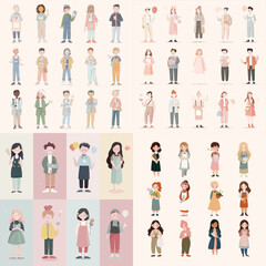 Collection of diverse flat-style character illustrations featuring men and women in modern outfits, perfect for web design, avatars, infographics, and educational visuals.

