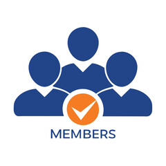 Collective Teamwork Blue People Icons, Orange Check Mark Symbol, & Unity Concept