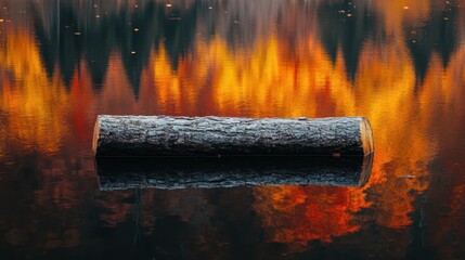 A fallen log floats on a lake with vibrant autumn foliage reflecting in the water. Use for concepts of nature, peace, reflection, and fall season themes.