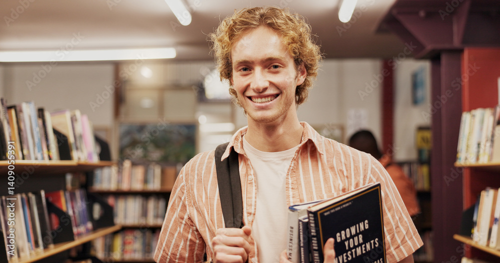 Aufkleber portrait, smile and student with books in library for learning, financial study and business course.
