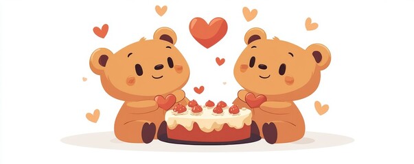 Adorable bears created from pixel art are shown enjoying strawberry cake and hearts