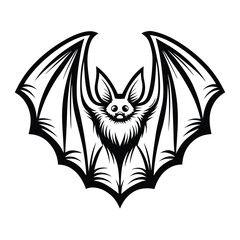 Cute Bat with Fluffy Fur and Big Eyes in Black and White Outline Simple Drawing