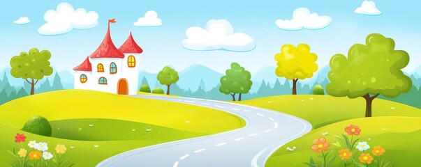Fototapeta premium A pink castle sits atop a hill in a fairytale landscape illustration, complete with a winding road, green valley, and a mountainous backdrop
