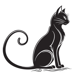 Elegant Black Cat Silhouette Sitting Profile with Curled Tail Isolated on White