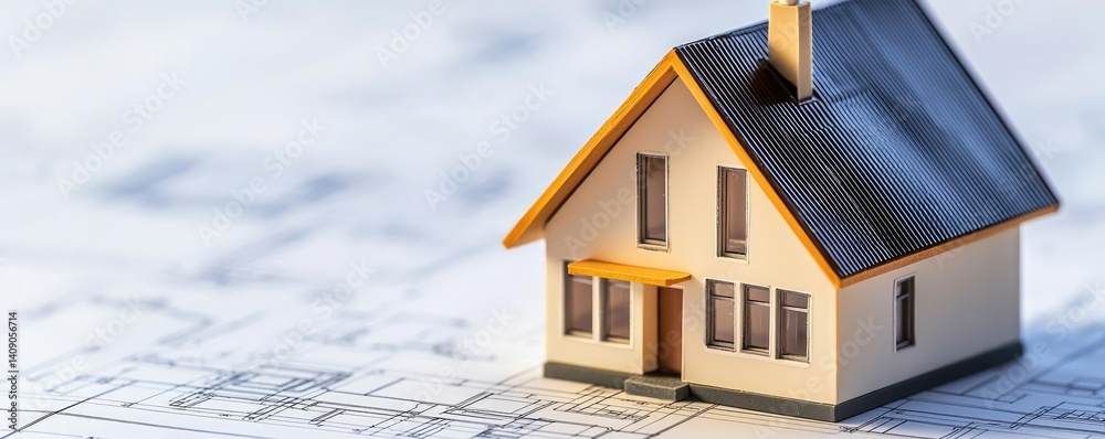 Poster Building house on blueprint with vignetting and construction concept. A model house on architectural blueprints symbolizing construction.