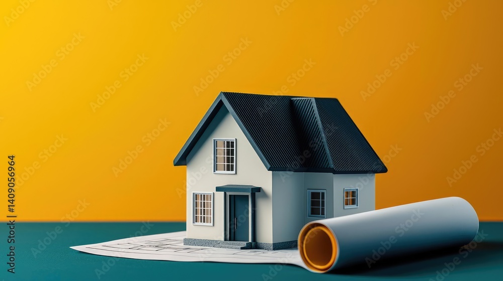 Poster Building house on blueprint with vignetting and construction concept. Miniature house model with blueprints on table and bright background.