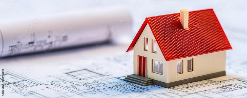 Aufkleber building house on blueprint with vignetting and construction concept. a miniature house model on arc