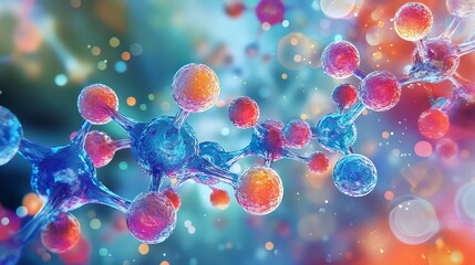 Abstract molecular structure colorful atoms science background 3d red blue pink bond cell image shiny