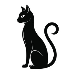 Elegant Black Cat Silhouette Sitting with Curled Tail, Isolated on White Background