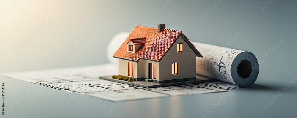 Aufkleber Building house on blueprint with a focus on architecture and vignetting concept. A model house on blueprints showcasing architectural design.