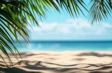 Obraz premium Serene tropical beach scene with palm leaves framing the tranquil ocean view under a clear blue sky Generative AI