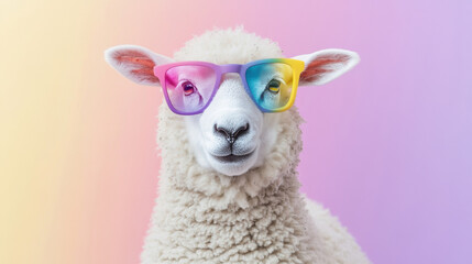 Obraz premium Cute sheep wearing colorful glasses poses against a gradient pastel background showcasing a playful and whimsical atmosphere Generative AI