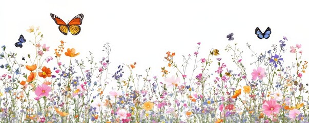A sunny meadow is filled with blooming flowers and colorful butterflies