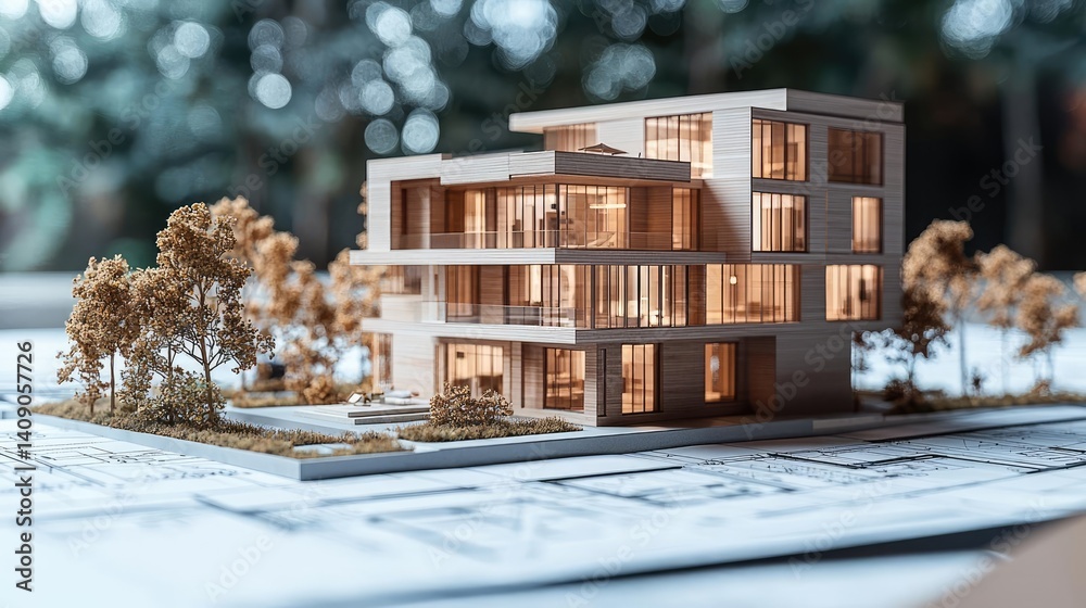 Poster Building house on blueprint under plan and architecture concept. A detailed architectural model showcasing modern design elements.