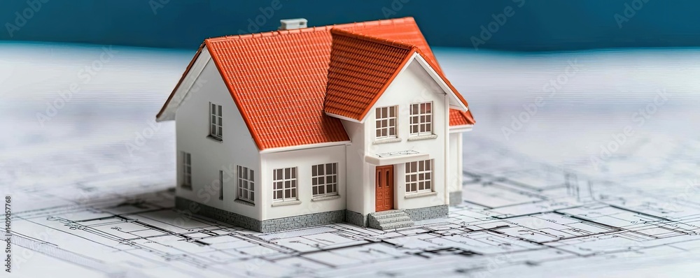 Poster Building house on blueprint under plan and architecture concept. A miniature house model on architectural blueprints and plans.