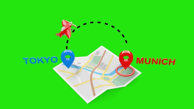 Tokyo to Munich 3D Flight Animation with Airplane, Map, with Green Screen