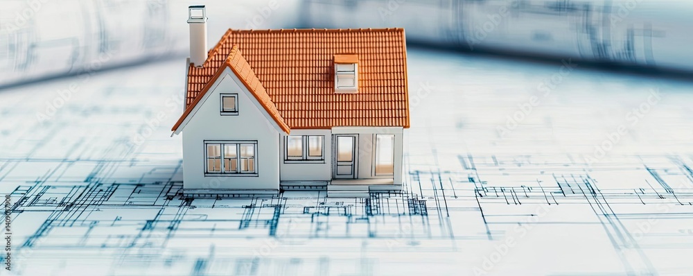 Poster Building house on blueprint under plan and architecture concept. Small model house on architectural blueprints for design projects.
