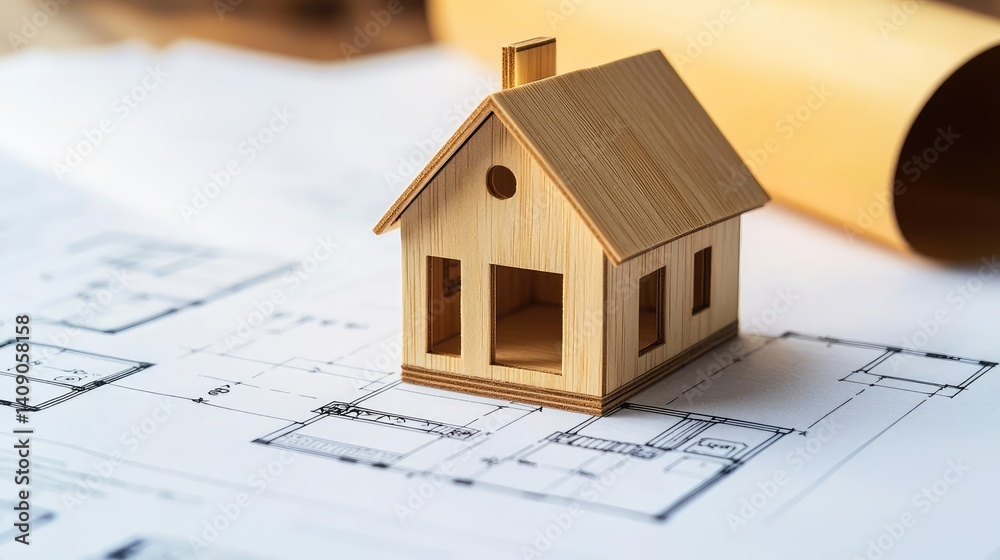 Poster building house on blueprint with vignetting and construction concept. a miniature wooden house model