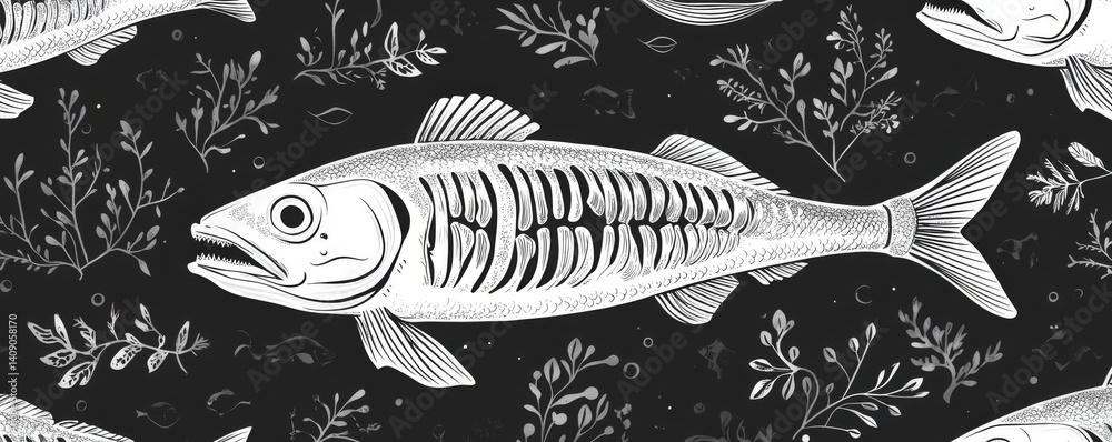 Poster white fish skeletons arranged in a repetitive pattern are displayed on a black background