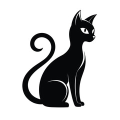 Elegant Black Cat Silhouette, Sitting Upright with a Curved Tail and Sharp Ears Isolated