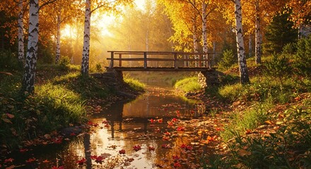 Obraz premium Autumn Forest Path with Bridge and Golden Leaves 